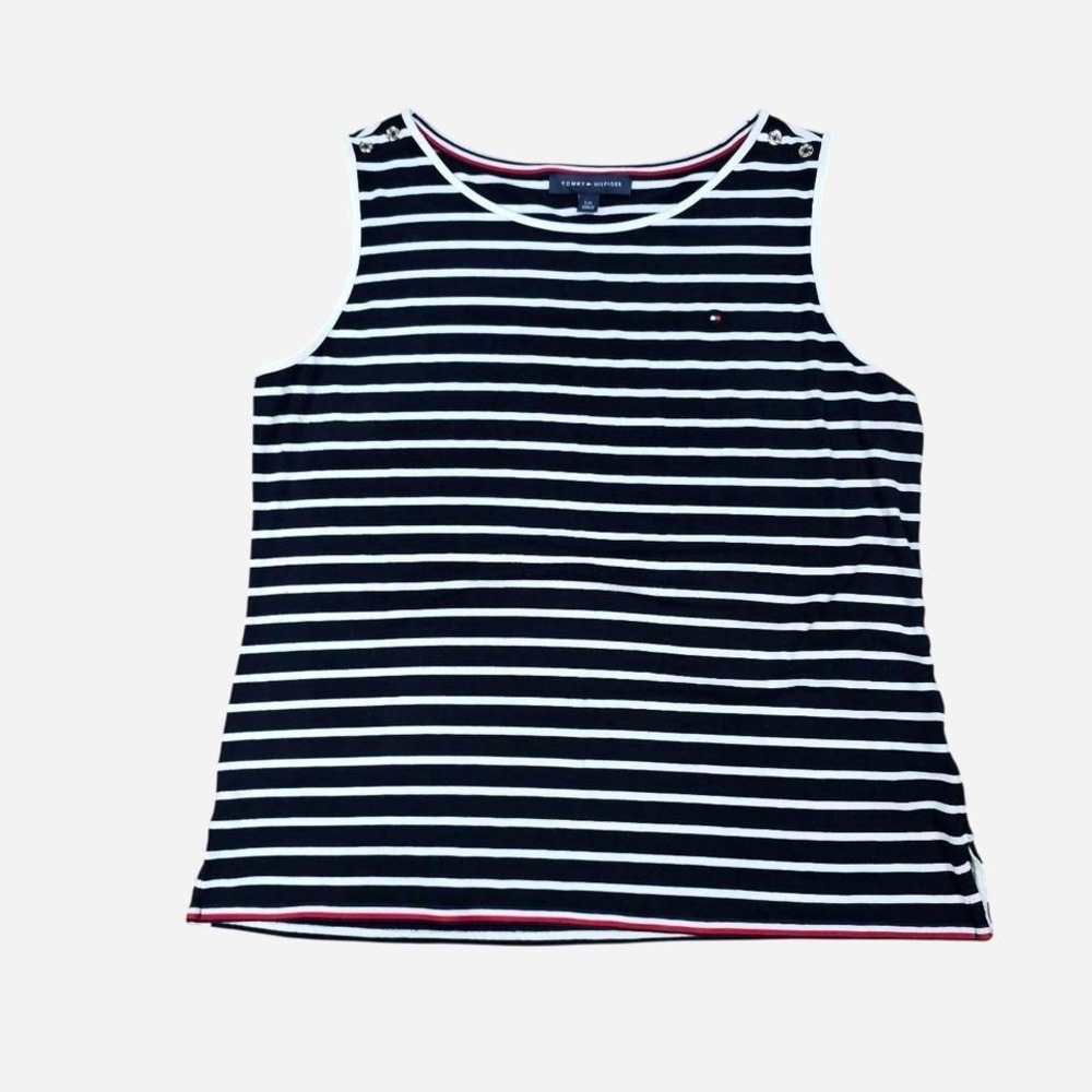Tommy Hilfiger Tank Top Womens Large Navy Blue Excellent Striped Button Shoulder